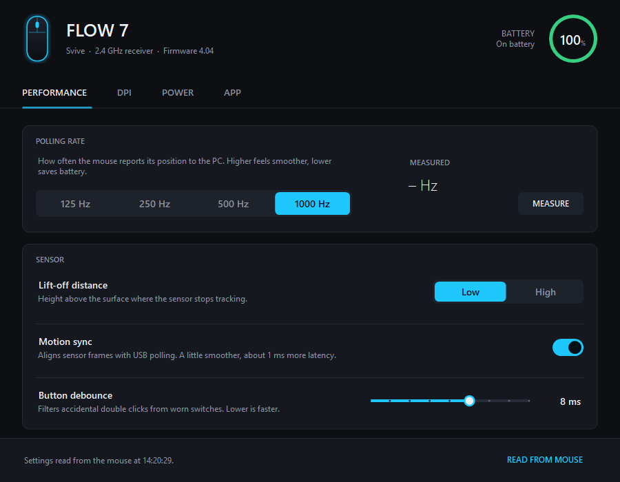 CompxTray, Svive Flow 7 software: polling rate and sensor settings