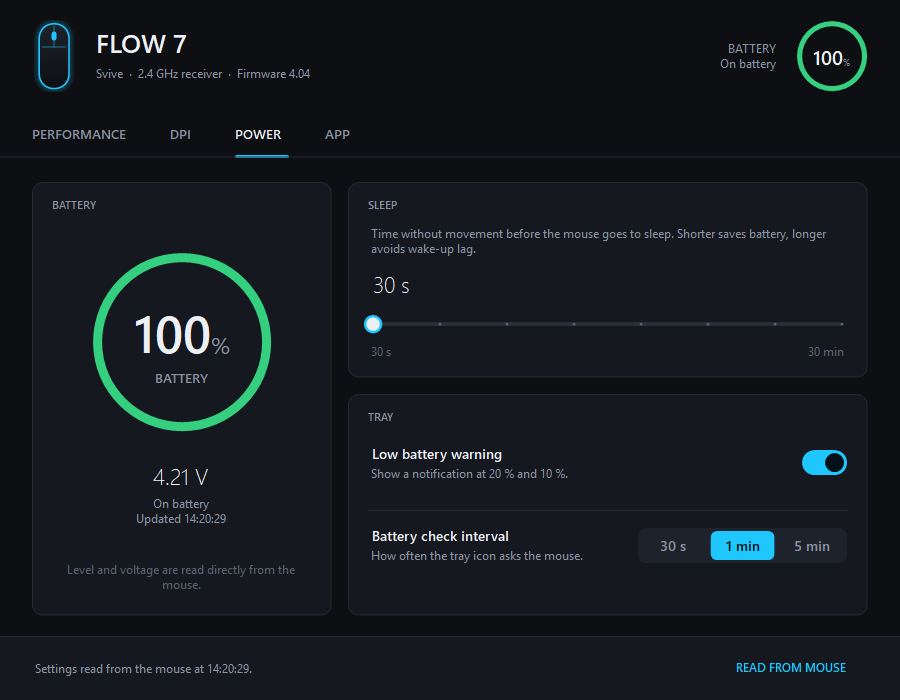 Svive Flow 7 battery level and sleep timer in CompxTray